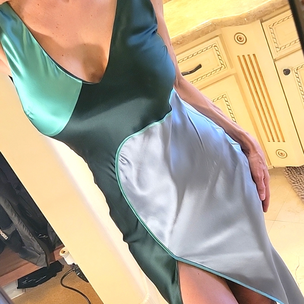 Lattelier 100% Silk Green/Gray  Sheath Midi Dress for Night Out w/ Front Slit, S - Picture 9 of 16
